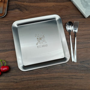 Square Stainless Steel 316L Dessert Plate Coffee Serving Tray Castle Design Flatware Dish American Style Matte Finish Plant Pattern