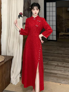 Elegant Red Chinese Style Qipao Dress for Women Beautiful Engagement Gown Spring Autumn High Waist A-Line Long Skirt