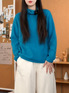 QINGNAER | Slimming Large Size High Collar Long Sleeve Blue Knitwear