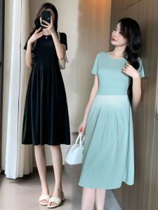 ชุดเดรสสีดำเอวสูงทรงเอสไตล์เฮปเบิร์นสำหรับผู้หญิงส่วนตัว ชุดเดรสยาวปานกลางฤดูร้อน 2024 กระโปรงทรงเอเอวสูงสีดำ XS