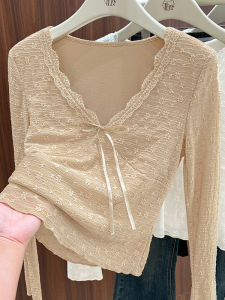 Korean Style Butterfly Knot T-Shirt Womens Slim Fit Floral Edge Top V-Neck Short Sleeve Long Lasting Fashion Design