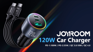 JOYROOM CCN07 120W 3-Port Fast Car Charger with C-to-C 100W Cable - PD-1 PD-2 QC3.0 Ports charging three devices simultaneously