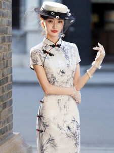 Elegant Ink Print Fitted Retro Style Cheongsam