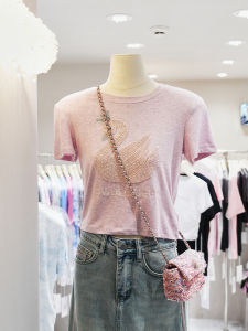 เสื้อยืดแขนสั้นผู้หญิงทรงเข้ารูปเอวสูง ปักลูกไม้ประดับเพชร เสื้อผ้าทำงานสไตล์ยุโรป ฤดูร้อน 2024 ผ้าฝ้ายผสมยางยืด