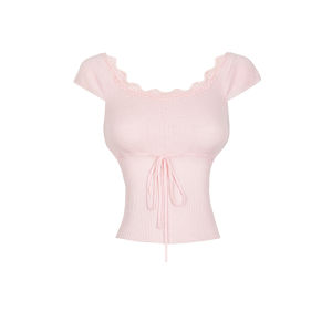 WooHa Summer New Lace Trim Pure Desire Romantic Knitted Short Sleeve T-Shirt Women Half Sleeve Cotton Slim Fit Square Collar Short Length