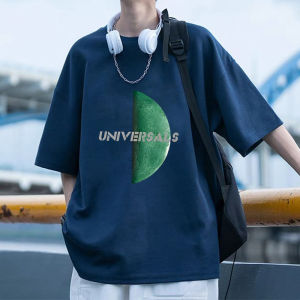 Retro American Cotton Short Sleeve T-Shirt Mens Trendy round Neck Half Sleeve Shirt Lunar Print Cool Feeling Summer Fashion