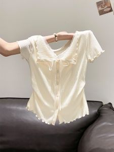 LUOSHAO | Faux Two-piece Wooden Ear Lace Wrinkle Waist Shaping T-Shirt White