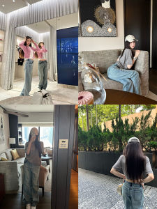 Washed Blue Slim Straight Leather Patchwork Denim Pants Womens Autumn Versatile Long Trousers Casual Style Natural Waist