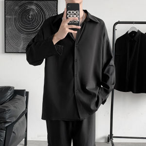 Spring Season Mens Loose Fit Long Sleeve Black Shirt Casual Style Inner Wear Shirt Trendy Hong Kong Style Youthful Popularity