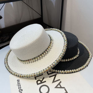 Spring and Summer Sun Hat Female Classic Style Socialite Style Pearl Straw Hat Holiday Vacation Travel Net Red Photo White Hat