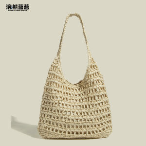 Lavender Hollow out Grass Woven Bag Large Capacity Casual Summer Vacation Beach Style Tote Bag for Women by Raccoon Blue