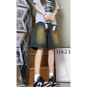 Quần Short Denim Nam American Retro Washed Vintage Mùa Hè Quần Ống Đứng Rộng Rãi Cạp Vừa Quần Jeans Màu Xanh Đậm Năm Phần