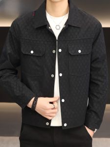 HENGYUANXIANG | Slim Fit Printed Collar Jacket For Men Spring Autumn Fashion Casual Polyester Fiber High End Outerwear Youth Style Button Decor