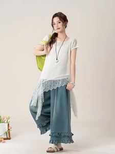Bộ Đồ Dài Thon Trẻ Trung Không Tay Phối Ren Trắng Mềm