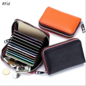 Genuine Leather RFID Blocking Wallet for Women – Stylish Zippered Card Holder with Multiple Compartments Compact Coin Purse in Orange & Black Perfect for Credit Cards and IDs Card Holder Wallet For Men&Women