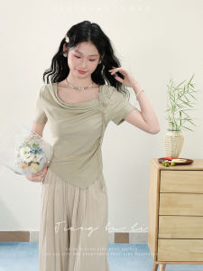 New Chinese Style Short Sleeve T-Shirt Womens Summer Irregular Top Jiang Bu Li Grey Night Mint Commute Loose Fit Regular Thickness