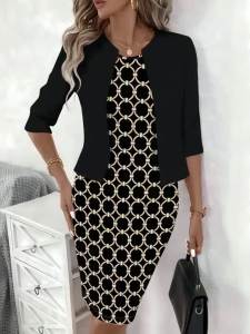 Printed Design Autumn and winter styles casual style Black And Gold Chain Pattern crew neck dress suit