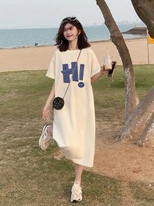 Plus Size Womens Cotton Short-Sleeved T-shirts Dress Summer Long below the Knee Plus Size Ladies Covering Belly Thin Split Dress