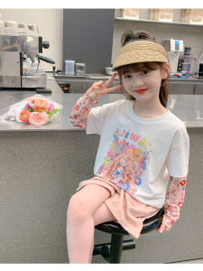 Girls Pure Cotton Sun Protection Fake Two-Piece Long Sleeve T-Shirt Half Sleeve Clothes Summer New Childrens Top Breathable