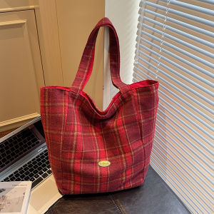Original Large Capacity Plaid Tote Bag Womens Fashion Red Handbag Double-Sided Versatile Canvas Bag Casual Simple Style