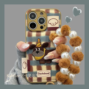 Kafel Autumn Winter Plaid Embroidery Dachshund Plush Leather Bracelet 17Pro Max Phone Case 16New 12Leather 14Women 15Plus Creative 13Anti-Fall 11Cute