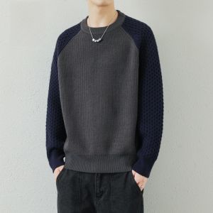 ROMON | เสื้อสเวตเตอร์ถักลำลองหลวมๆ สำหรับผู้ชาย ฤดูใบไม้ผลิและฤดูใบไม้ร่วง แฟชั่นใหม่ คอกลม ถักสีบล็อก เสื้อชั้นใน