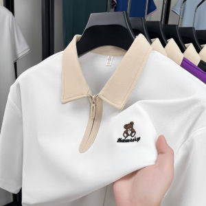 Áo Polo Nam Tay Ngắn Thời Trang Thoáng Khí Chất Liệu Polyester Có Thêu Hình Gấu Áo Thun Cổ Bẻ Thoải Mái Mùa Hè