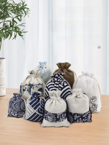 Linen Storage Bag with Drawstring for Tea Cups Small Fabric Pouch for Beads and Buddhist Jewelry