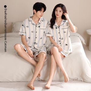 MiiOW | ชุดนอนคู่รักผ้าฝ้ายแท้แขนสั้นฤดูร้อน ชุดนอนอยู่บ้านแบบลำลองสำหรับผู้ชายและผู้หญิง ชุดนอนผ้าฝ้ายแท้คู่รักใหม่ปี 2025
