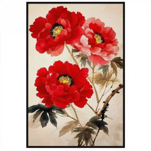 Tranh hoa mẫu đơn đỏ thủy mặc phong thủy hút tài lộchạnh phúc.Tranh treo tườngdán tường.CGI-1330
