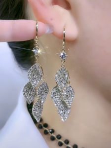 Exquisite Leaf Shaped Diamond Ear Studs Womens Fashion Jewelry Long Dangle Earrings Sparkling Alloy with Artificial Gemstones