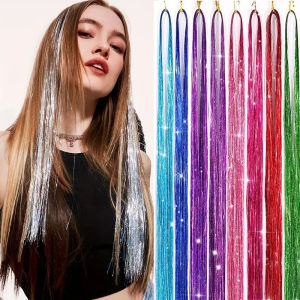 90Cm Sparkle Tóc Tổng Hợp Tinsel Laser Vàng Kim Loại Sáng Bóng Nhiều Màu Lấp Lánh Cổ Tích Phụ Kiện Tóc Thẳng Sợi Nhiệt Độ Cao