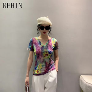 เสื้อเชิ้ตผู้หญิงคอวีเข้ารูปแขนสั้นพิมพ์ลายฤดูร้อนแฟชั่นตาข่าย S-3XL เสื้อยอดนิยมเข้ารูปลายดอกไม้