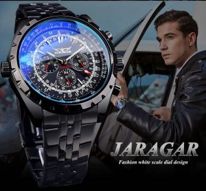 Jaragar Blue Glass Men Automatic Watch Black Silver Stainless Steel Date Clock Luminous Hand Business Mechanical Wristwatch