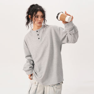 Bwka American-Style Gray Henry Collar Long Sleeves T-shirt Female Male 2024 Autumn Fashion Brand Loose Waffle Inner Wear Sweatshirt