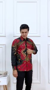 kemeja modren kekinian pria lengan panjang baju batik kantor seragam kerja ukuran reguler - jumbo V neck printing hitam motif