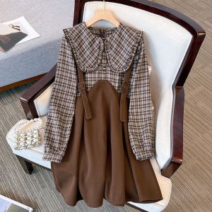 Stylish Doll Collar Plaid Stitching Fake Two-Piece Skirts Female Autumn Plus Size Plus Size Ladies Fashionable Sweet Slim Looking Dress
