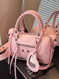 Cool Motorcycle Bag Womens Fashionable Handbag Pink Pillow Shoulder Strap Rivet Bag Casual Style Soft PU Leather Handbag