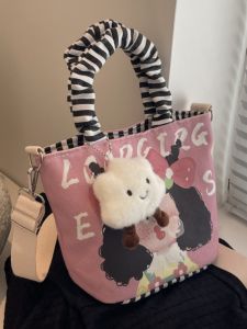 น่ารักการ์ตูนพิมพ์ผ้าใบกระเป๋าถังขนาดเล็กสําหรับผู้หญิงฤดูร้อนสไตล์ญี่ปุ่นกระเป๋าถือลําลองพร้อมหัวเข็มขัดแม่เหล็กและกระเป๋าด้านใน