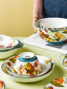 Yuanbao Bộ Bát Đĩa Bằng Gốm Mới Bộ Đồ Ăn Tại Nhà Đĩa Ăn Hoa Ngôn Ngữ Corgi Bộ Đĩa Bát Hoạt Hình Phong Cách Nhật Bản