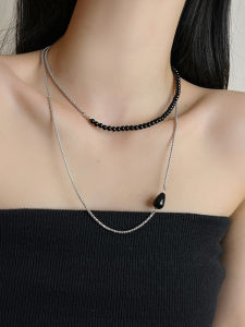 New 2024 Black Agate Spliced Silver Long Chain Sweater Chain Womens Luxury Minimalist Clavicle Chain Layered Necklace