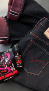 Handmade - Celana Jeans Pria Denim Selvedge Accent Red Line 15oz Weft Red Sanforized Slim fit Non-Stretc Black Indigo