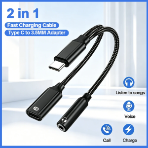 Type-C to 3.5mm Jack Microphone Adapter PD Fast Charging 2 in 1 Type-c Audio Adapter Suitable for iPhone 16 15 Samsung Converter