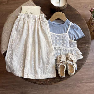 Melario | Summer New 3-7-year-old Girls Casual Fashion Set Short Sleeve T-shirt+Lace Strap Top+Wide Leg Pants 3-Piece Set Korean Version