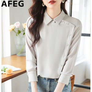 AFEG solid color Korean version lapel fashion loose professional asymmetrical chiffon long sleeve blouse for women