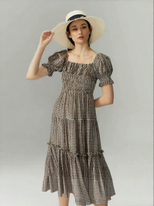 Vintage Casual Puff Sleeve Waist Cinched Midi Dress