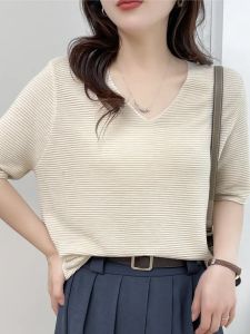 Premium Feel Thin Knitted Top Summer New Loose Casual Fashion Solid Color Versatile T-Shirt Korean Style round Neck Short Sleeve