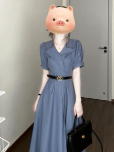 PEIZIXUAN | French Style Blue Short Sleeve Summer Dress for Petite and Commute