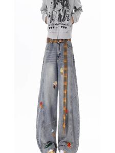 กางเกงยีนส์ทรงตรงปักลายการ์ตูนสไตล์อเมริกัน กางเกงขายาวทรงหลวมสบาย ๆ สำหรับผู้หญิง ฤดูใบไม้ผลิและฤดูใบไม้ร่วง