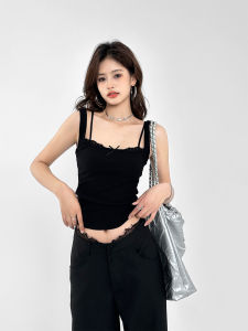 Summer Thin Strap Vest Womens Fashionable Butterfly Knot Lace Trim Tank Top Sleeveless Base Layer Short Shirt for Young Ladies